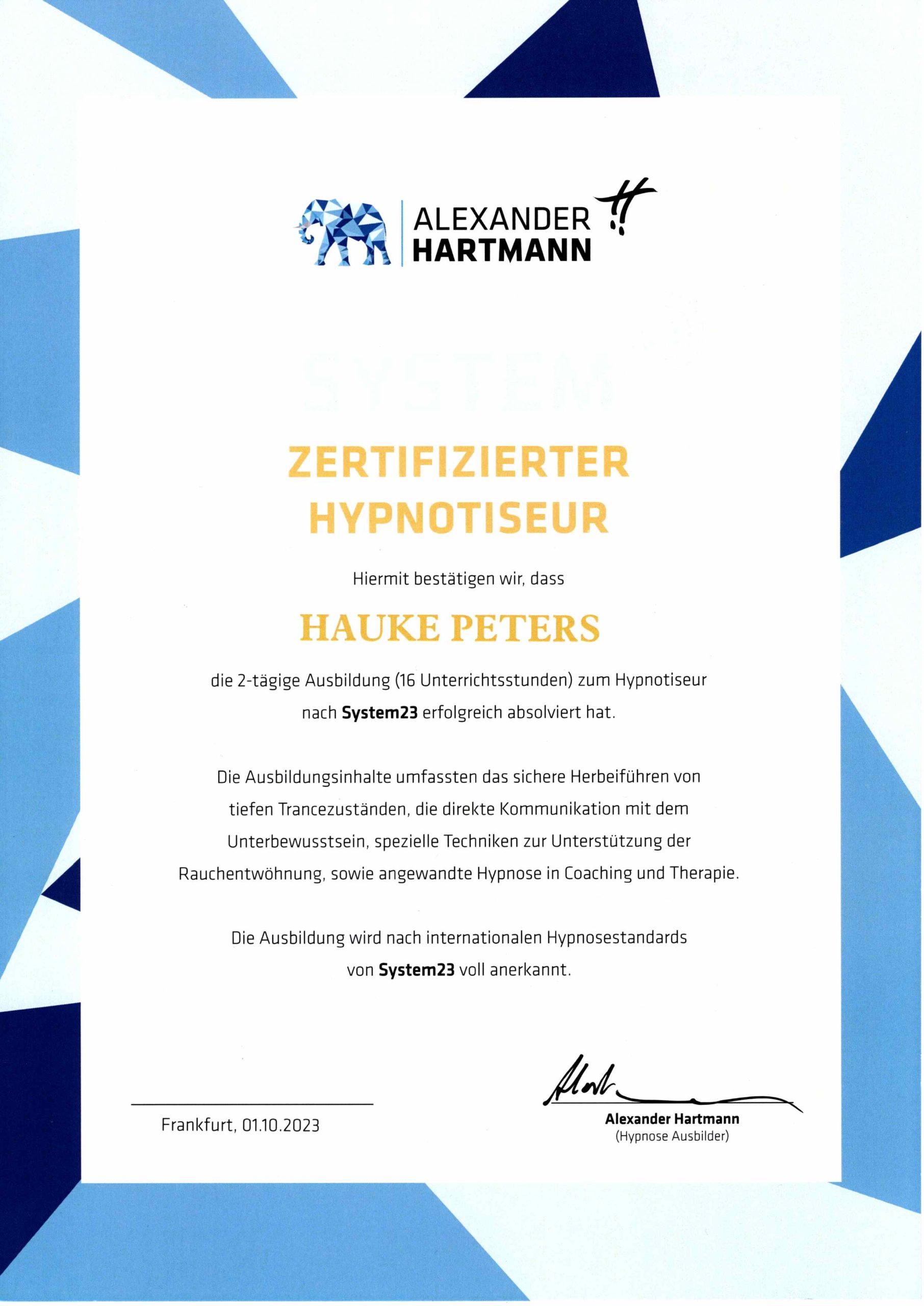System23-Hypnosezertifikat ausgestellt für Hauke Peters